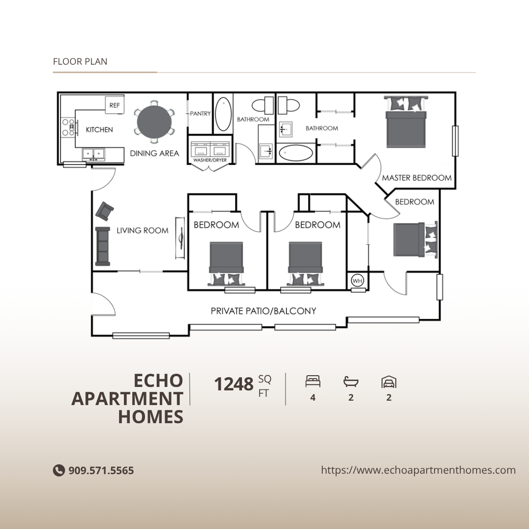 Floor plan for 4 beds, 2 baths, 1248 sqft